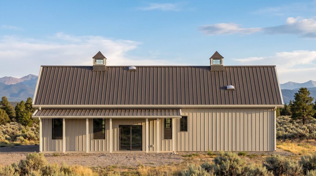 The Alder 40×60 barndominium rear elevation (north on the plan) with the 34 foot covered porch off the master bedroom