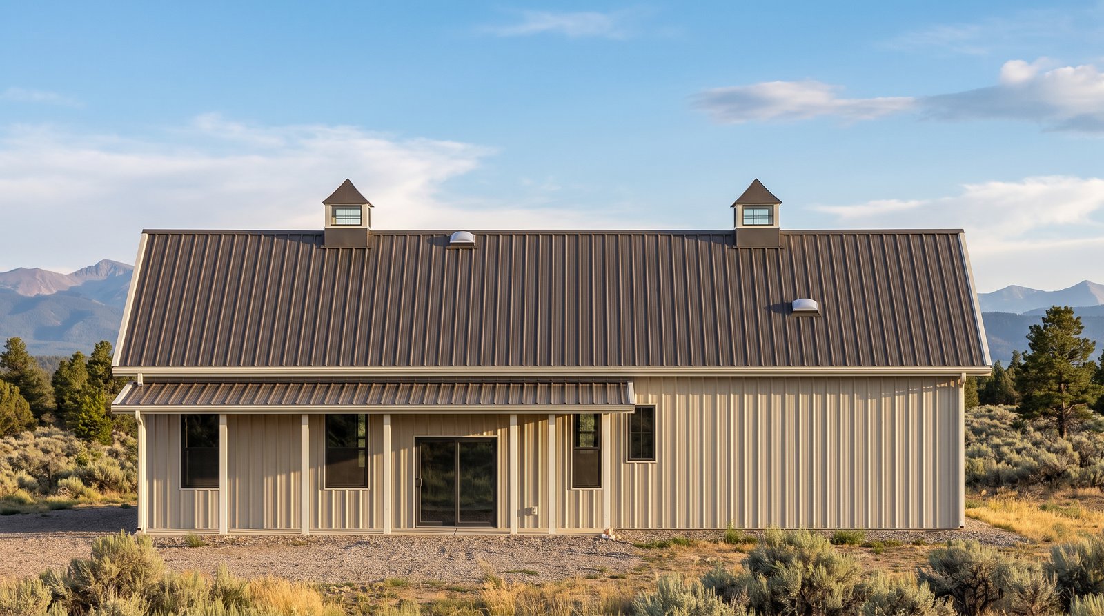 The Alder 40×60 barndominium rear elevation (north on the plan) with the 34 foot covered porch off the master bedroom