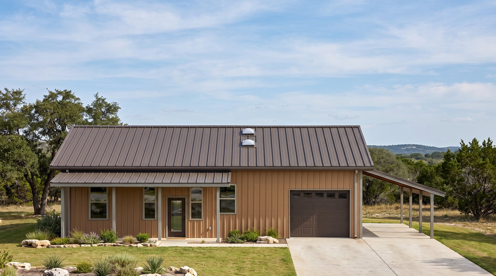 The Bramble 40×50 barndominium front elevation (south on the plan), photoreal render: 4:12 gable, the 26 foot front porch and one overhead door into the 1-car garage