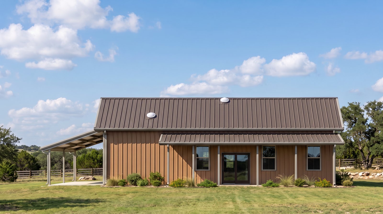 The Bramble 40×50 barndominium rear elevation (north on the plan) with the 36 foot covered porch off the master bedroom