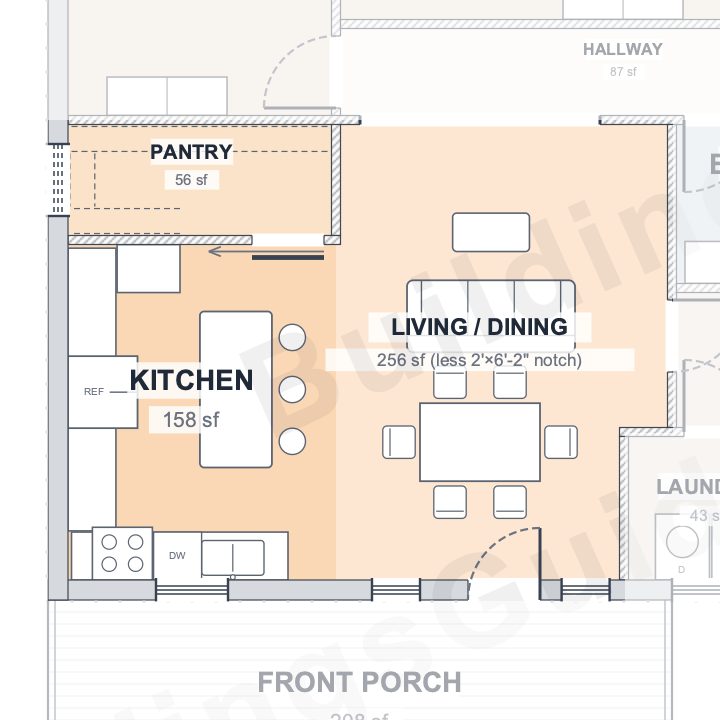 The Bramble 40×50 barndominium floor plan detail: the heart of the home