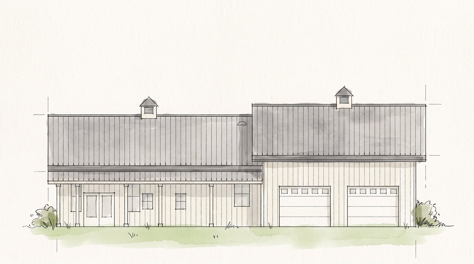 The Brazos 40×70 barndominium hand-drawn front elevation sketch
