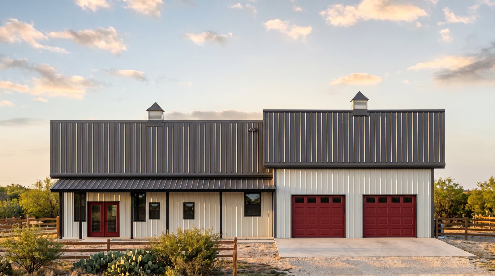The Brazos 40×70 barndominium front elevation (south on the plan), photoreal render: 6:12 gable, the 40 foot front porch, two cupolas and two overhead doors into the 2-car garage