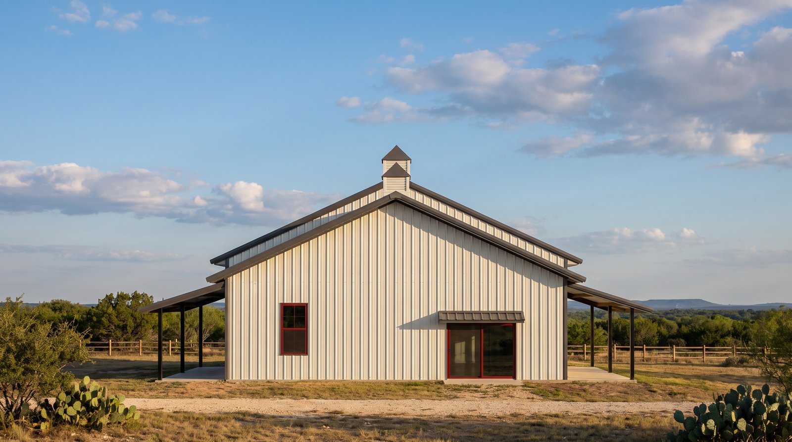 The Brazos 40×70 barndominium left gable-end elevation (west on the plan): the living and dining end, the front and rear porch roofs at either side