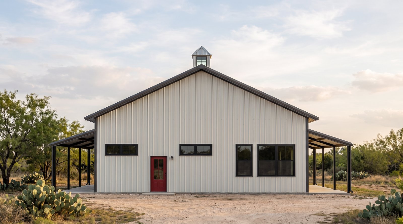 The Brazos 40×70 barndominium right gable-end elevation (east on the plan): the 2-car garage end, the front and rear porch roofs at either side
