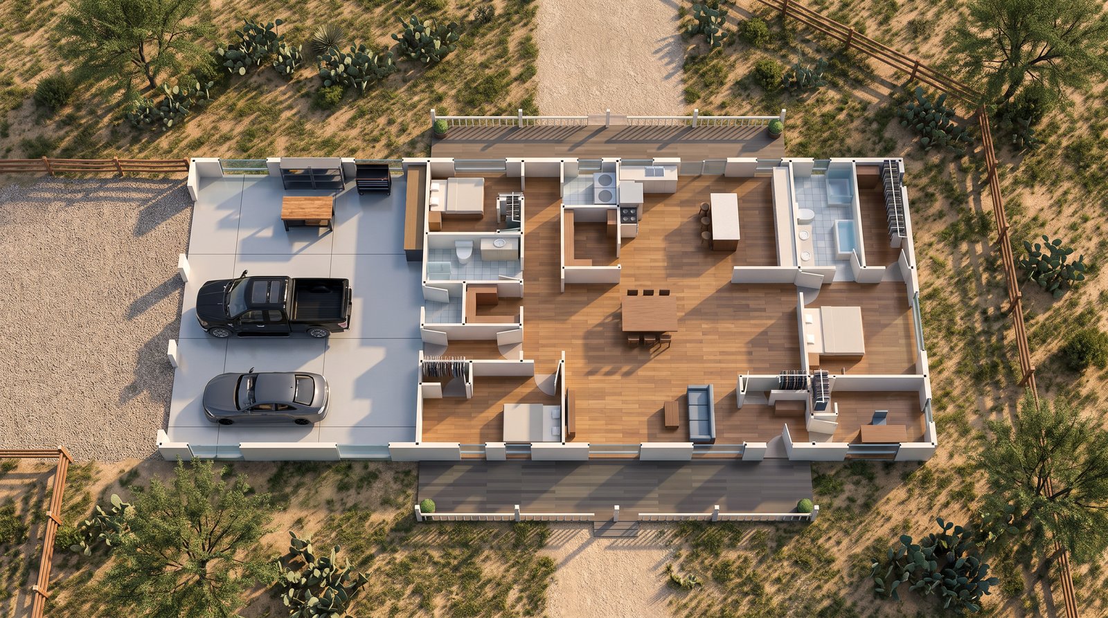 The Caprock 40×90 barndominium 3D dollhouse view of the furnished floor plan