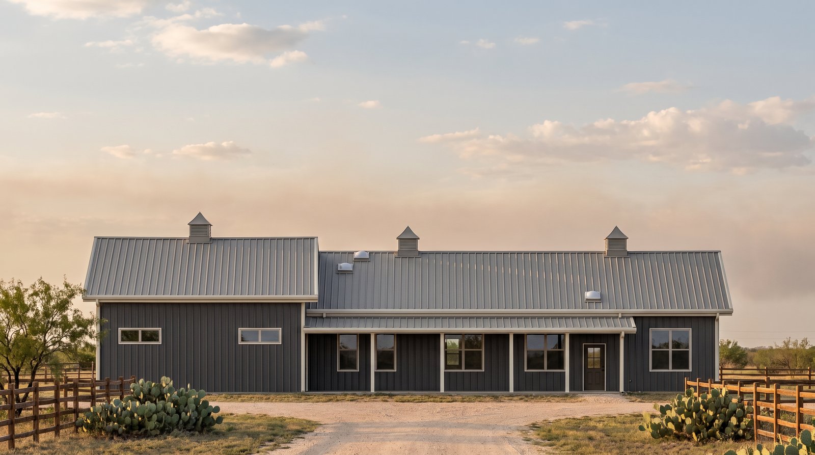The Caprock 40×90 barndominium front elevation (south on the plan), photoreal render: 5:12 gable, the 46 foot front porch and three cupolas