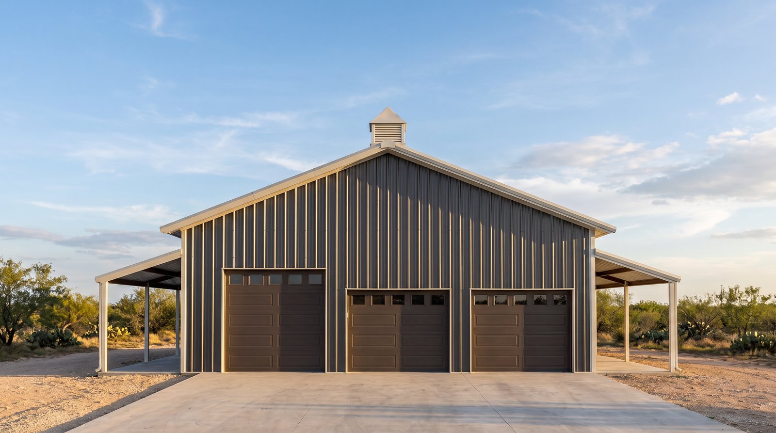 The Caprock 40×90 barndominium left gable-end elevation (west on the plan): the garage and shop end, three overhead doors, the front and rear porch roofs at either side