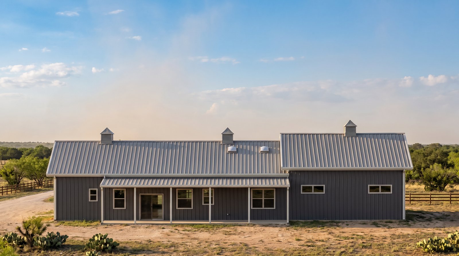 The Caprock 40×90 barndominium rear elevation (north on the plan) with the 46 foot covered porch off the kitchen