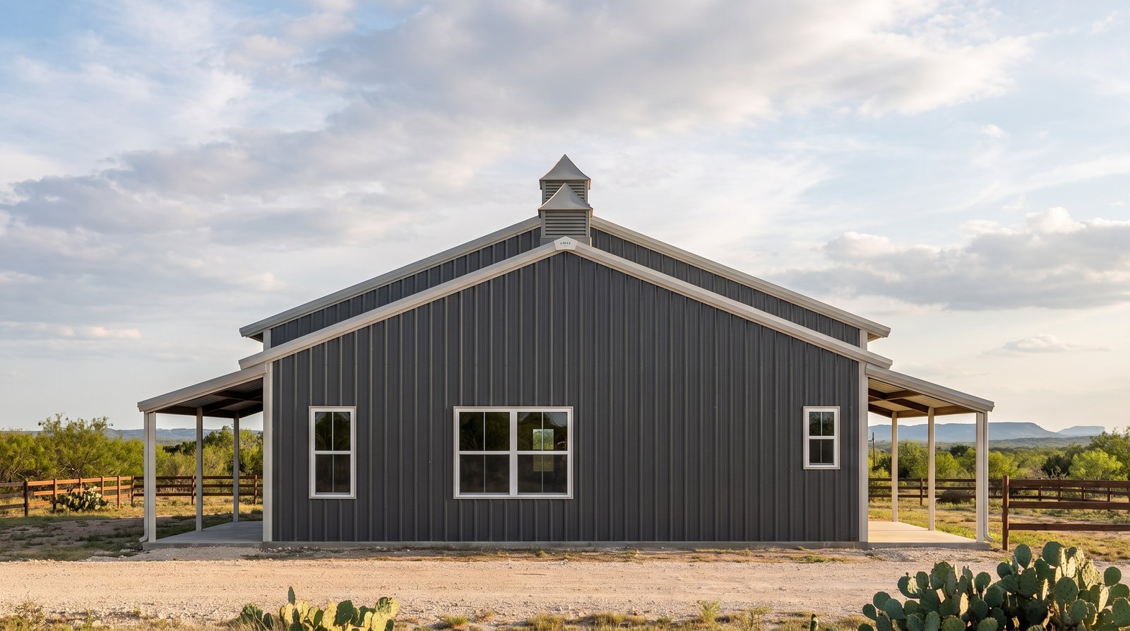 The Caprock 40×90 barndominium right gable-end elevation (east on the plan): the master bedroom end, the front and rear porch roofs at either side