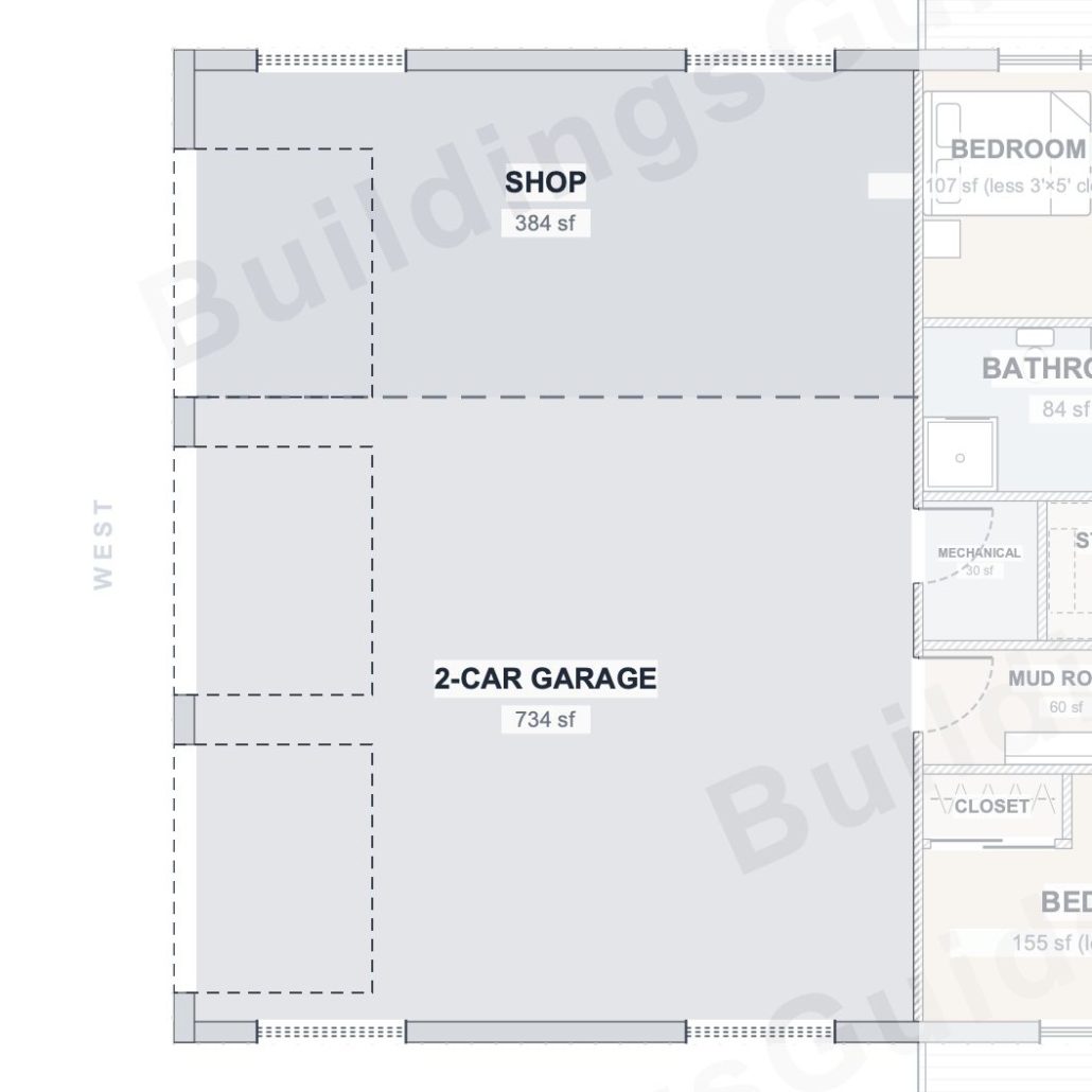 The Caprock 40×90 barndominium floor plan detail: the shop