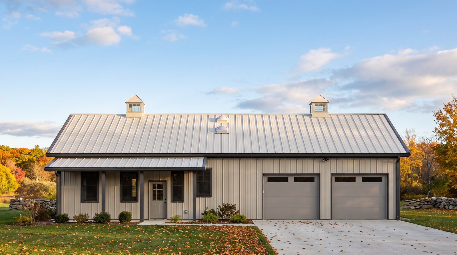 The Fieldstone 40×60 barndominium front elevation (south on the plan), photoreal render: 4:12 gable, the 24 foot front porch, two cupolas and two overhead doors into the 2-car garage