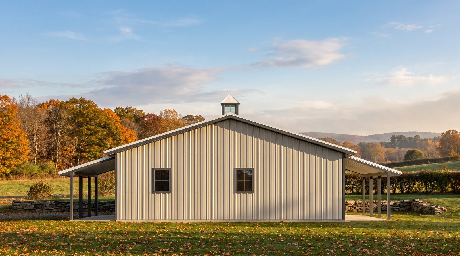 The Fieldstone 40×60 barndominium left gable-end elevation (west on the plan): the bedroom end, the front and rear porch roofs at either side