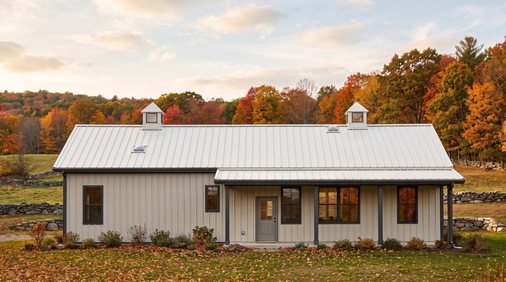 The Fieldstone 40×60 barndominium rear elevation (north on the plan) with the 34 foot covered porch off the master bedroom