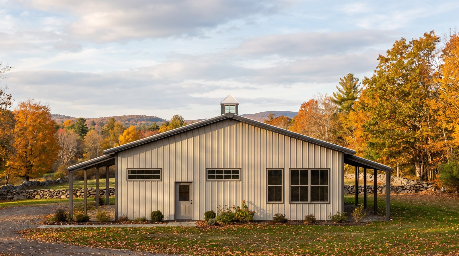 The Fieldstone 40×60 barndominium right gable-end elevation (east on the plan): the 2-car garage end, the front and rear porch roofs at either side