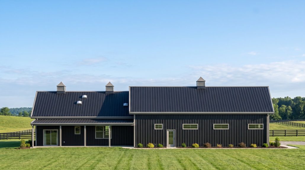 The Forge 50×95 barndominium rear elevation (north on the plan) with the 40 foot covered porch