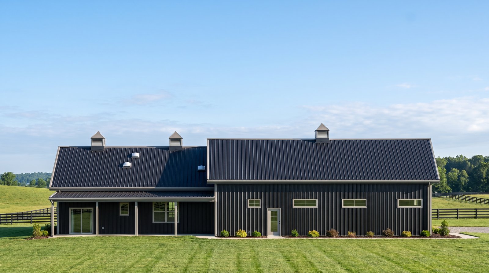The Forge 50×95 barndominium rear elevation (north on the plan) with the 40 foot covered porch