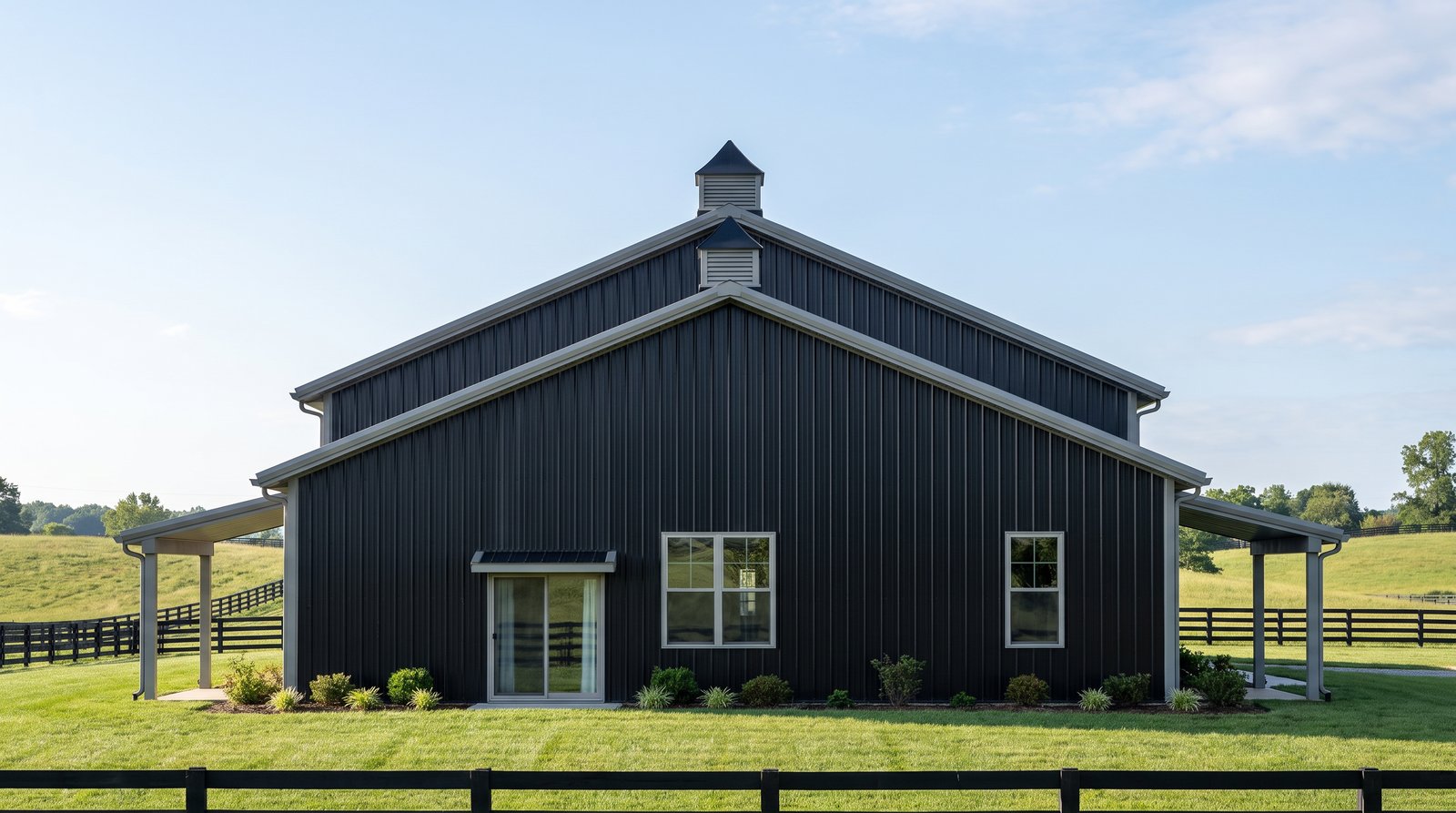 The Forge 50×95 barndominium right gable-end elevation (east on the plan): the living and dining end, the front and rear porch roofs at either side