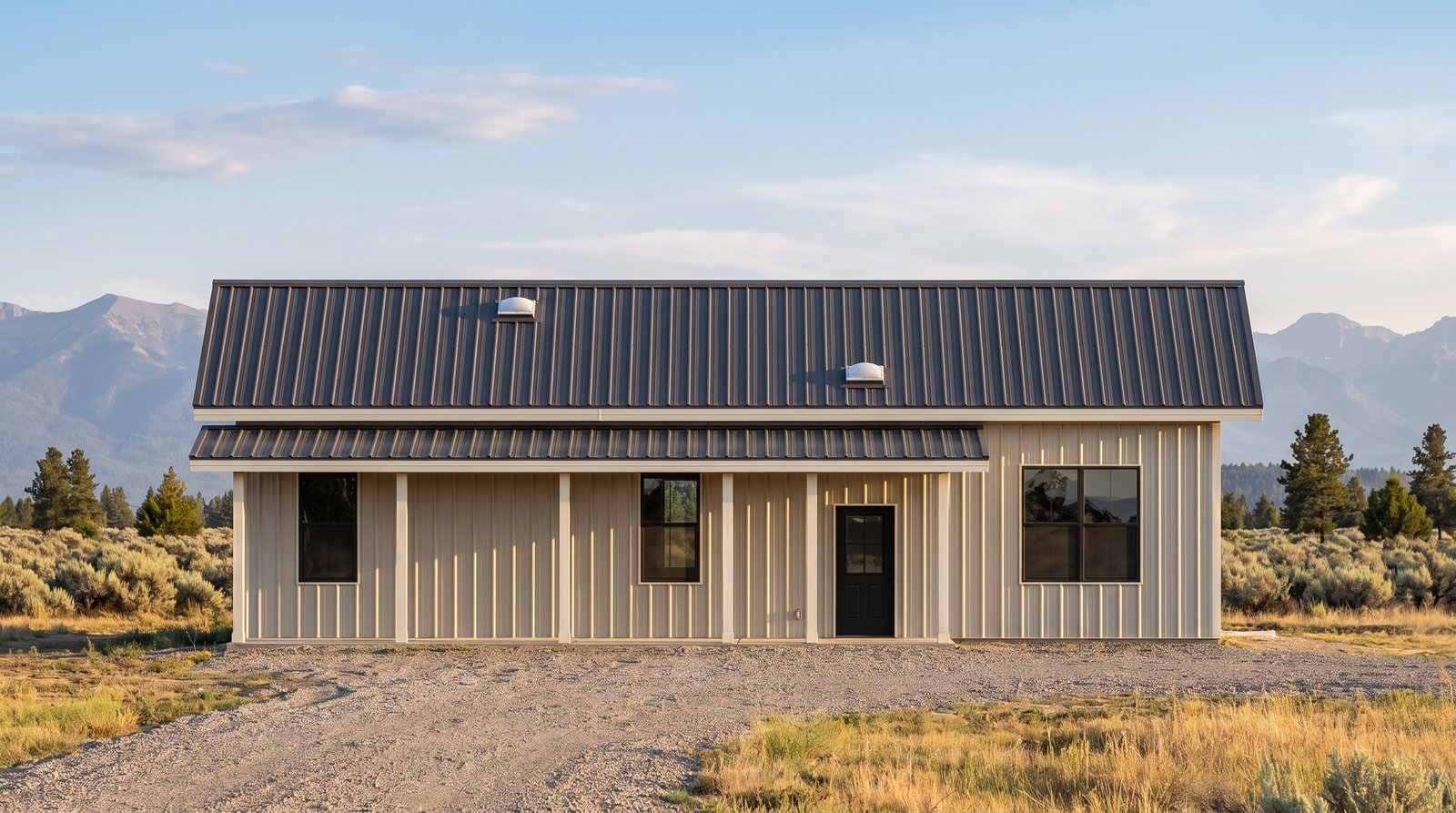 The Glen 40×50 barndominium front elevation (south on the plan), photoreal render: 4:12 gable, the 36 foot front porch