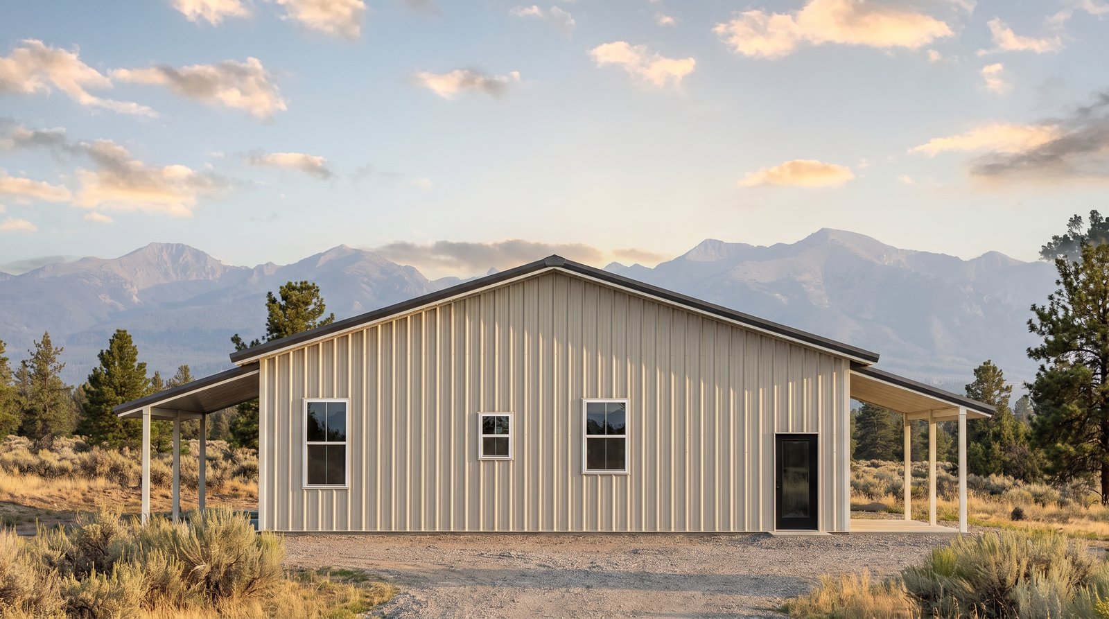 The Glen 40×50 barndominium left gable-end elevation (west on the plan): the bedroom end, the front and rear porch roofs at either side