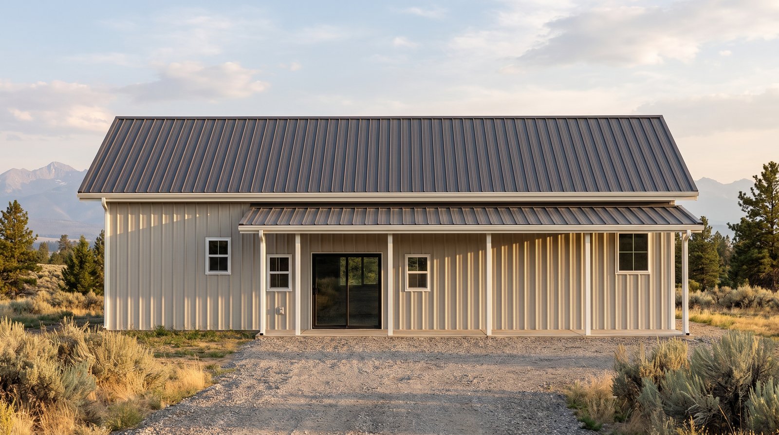 The Glen 40×50 barndominium rear elevation (north on the plan) with the 36 foot covered porch off the kitchen
