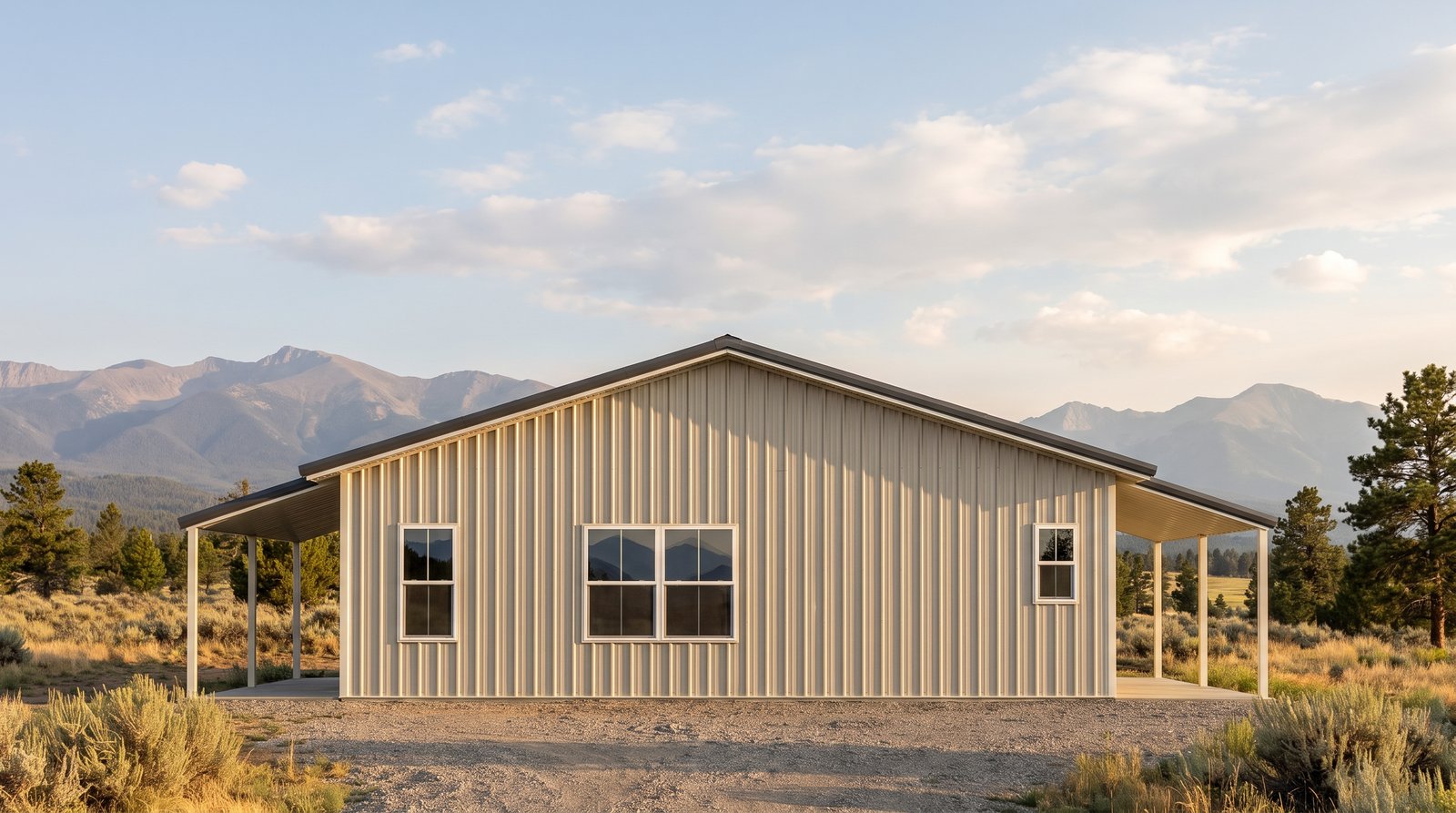 The Glen 40×50 barndominium right gable-end elevation (east on the plan): the master bedroom end, the front and rear porch roofs at either side