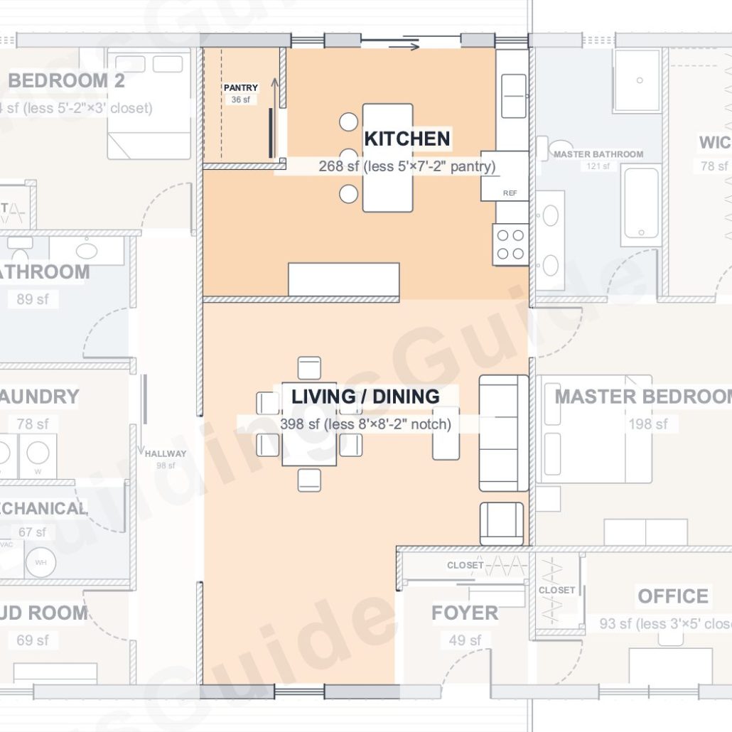 The Glen 40×50 barndominium floor plan detail: the heart of the home