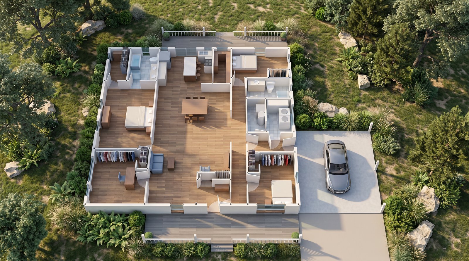 The Grove 50×50 barndominium 3D dollhouse view of the furnished floor plan