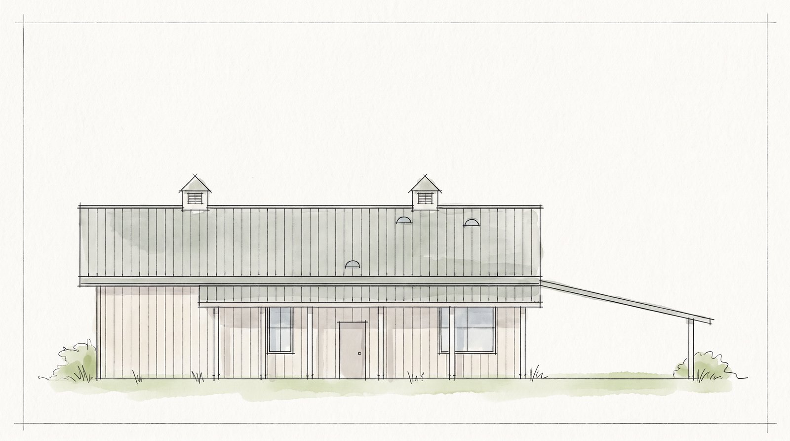 The Grove 50×50 barndominium hand-drawn front elevation sketch