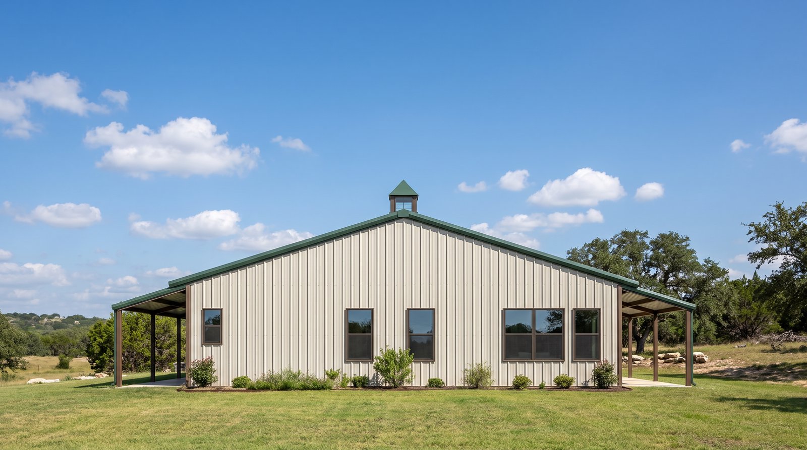 The Grove 50×50 barndominium left gable-end elevation (west on the plan): the master bedroom end, the front and rear porch roofs at either side