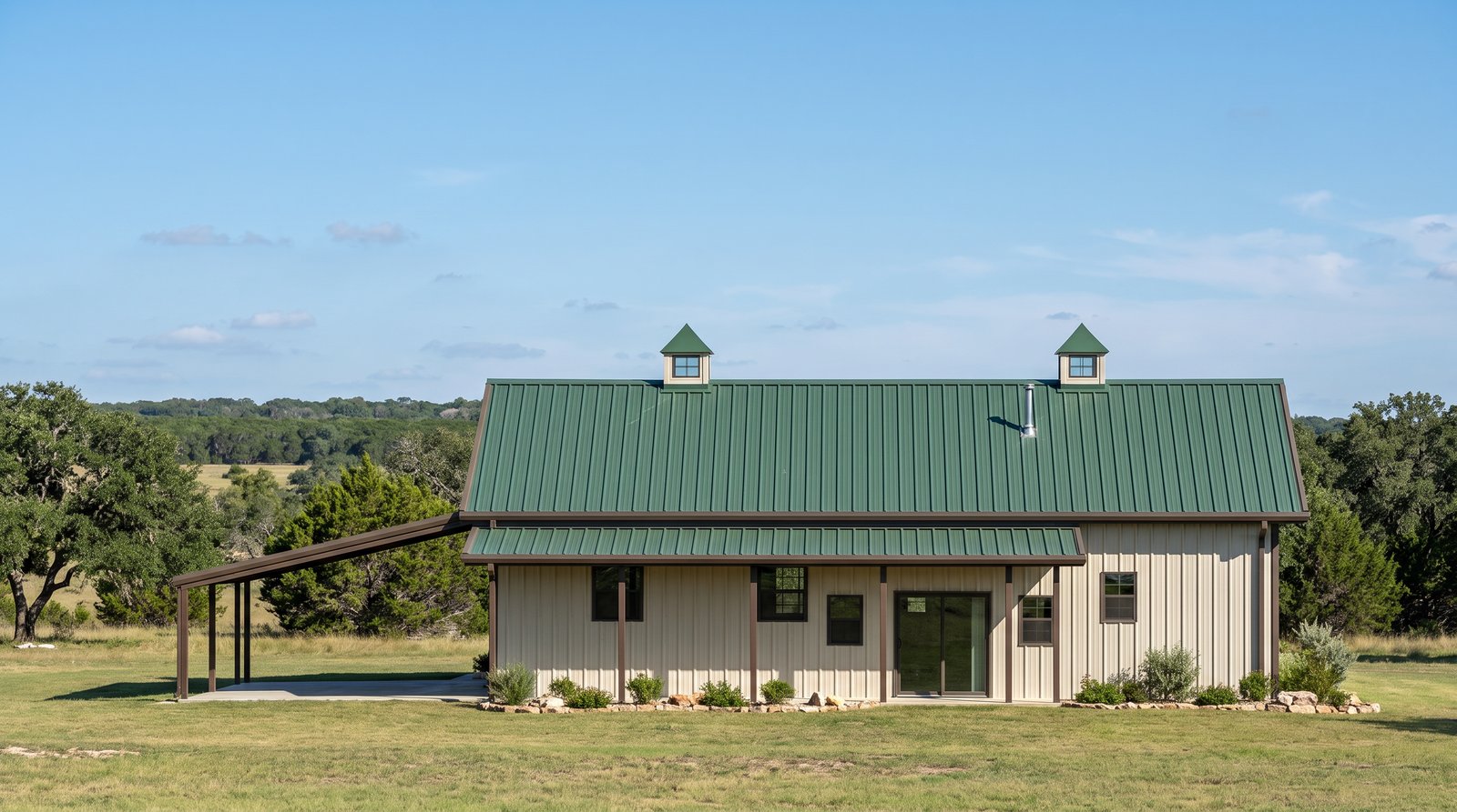 The Grove 50×50 barndominium rear elevation (north on the plan) with the 36 foot covered porch off the kitchen