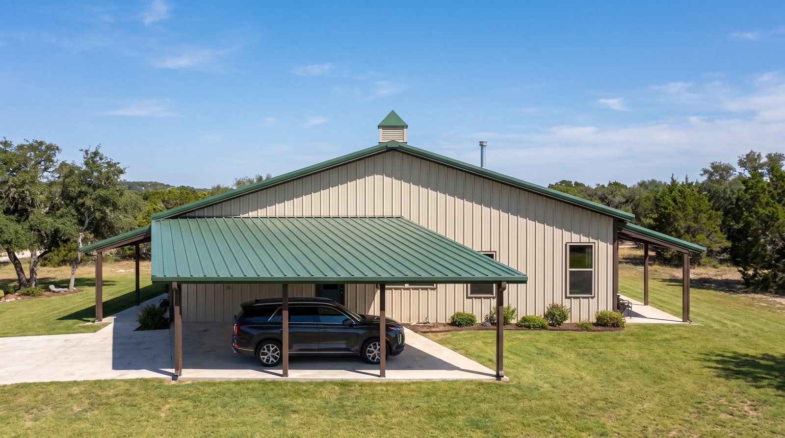 The Grove 50×50 barndominium right gable-end elevation (east on the plan): the bedroom end, the 24 foot carport, the front and rear porch roofs at either side
