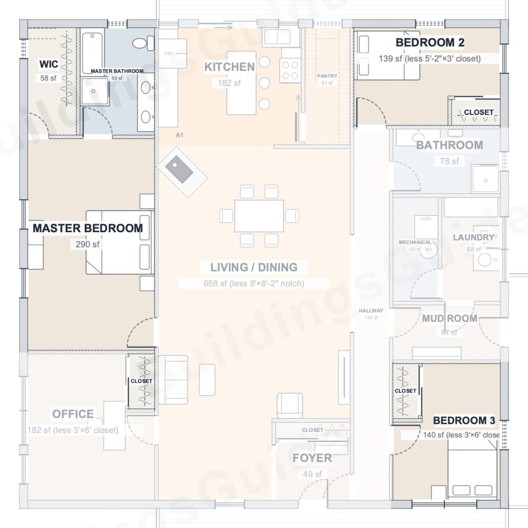 The Grove 50×50 barndominium floor plan detail: the bedrooms