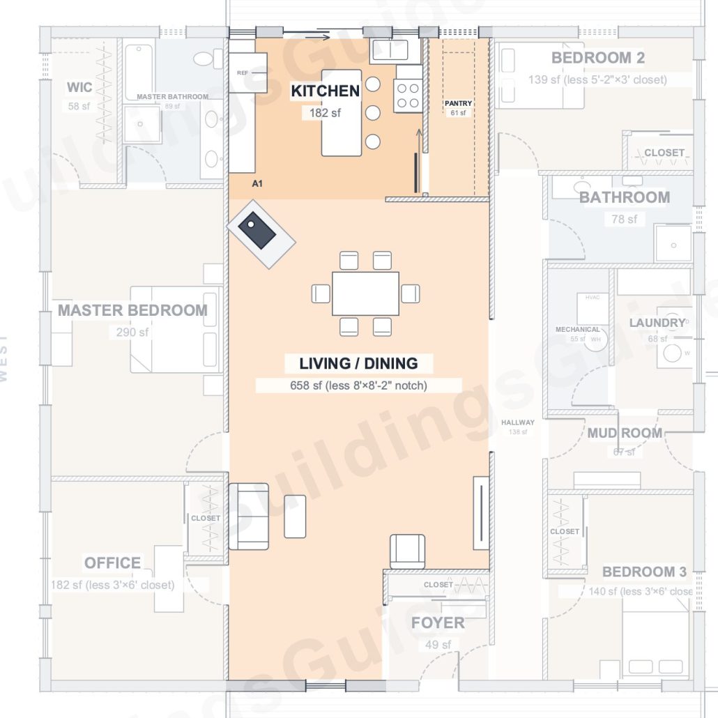 The Grove 50×50 barndominium floor plan detail: the heart of the home