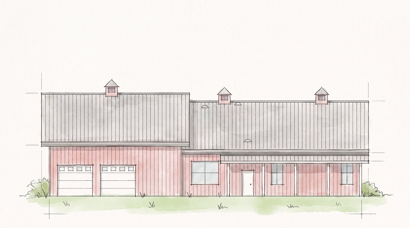 The Hearth 50×80 barndominium hand-drawn front elevation sketch