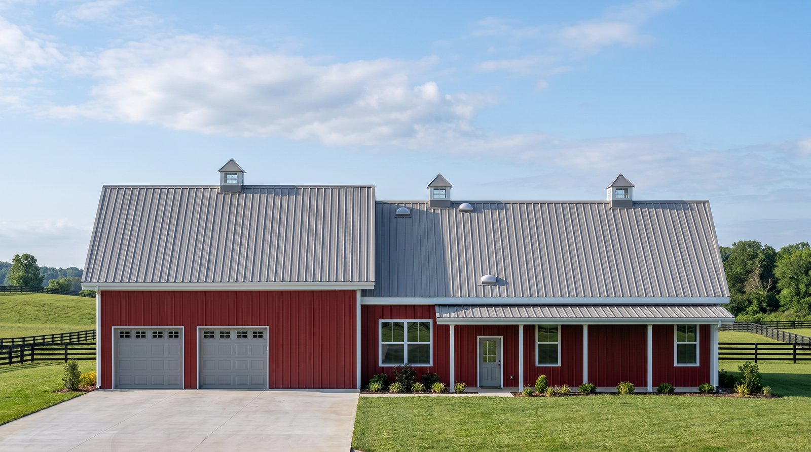 The Hearth 50×80 barndominium front elevation (south on the plan), photoreal render: 6:12 gable, the 34 foot front porch, three cupolas and two overhead doors into the 2-car garage