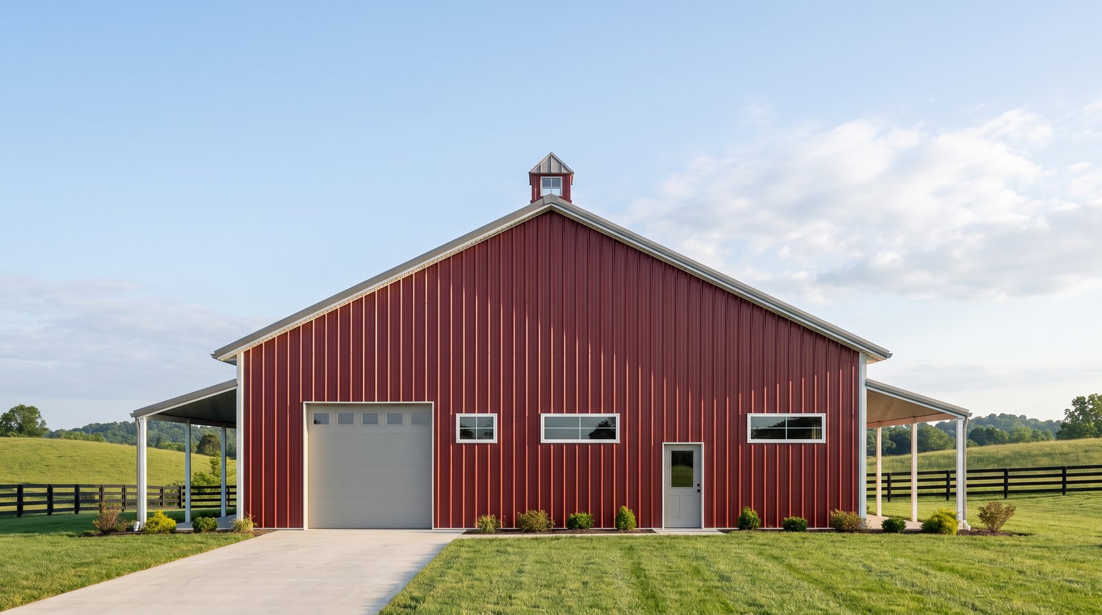 The Hearth 50×80 barndominium left gable-end elevation (west on the plan): the garage and shop end, one overhead door, the front and rear porch roofs at either side