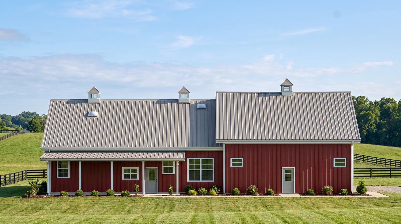 The Hearth 50×80 barndominium rear elevation (north on the plan) with the 34 foot covered porch