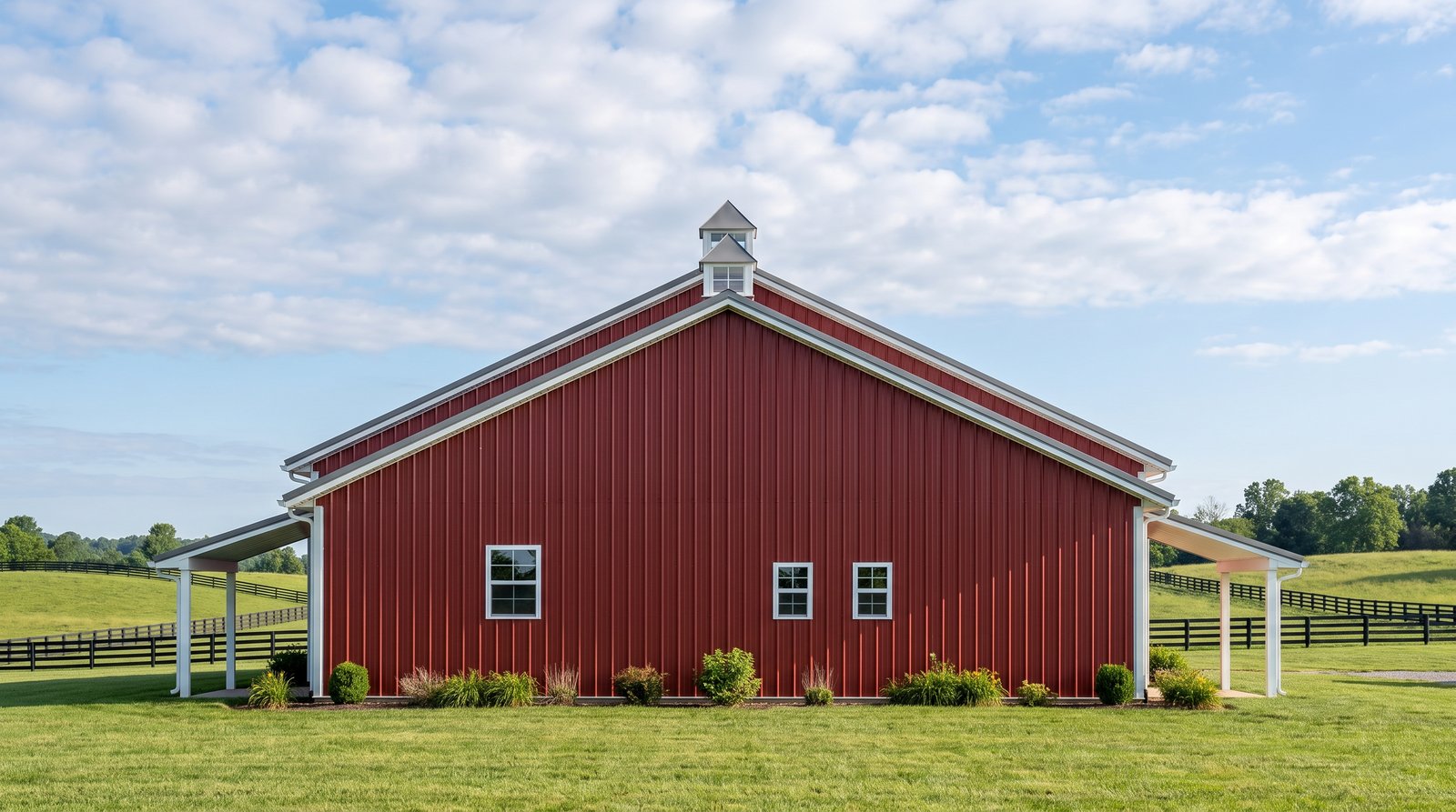 The Hearth 50×80 barndominium right gable-end elevation (east on the plan): the master bedroom end, the front and rear porch roofs at either side