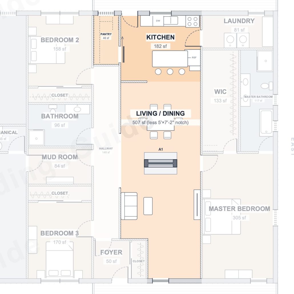 The Hearth 50×80 barndominium floor plan detail: the heart of the home