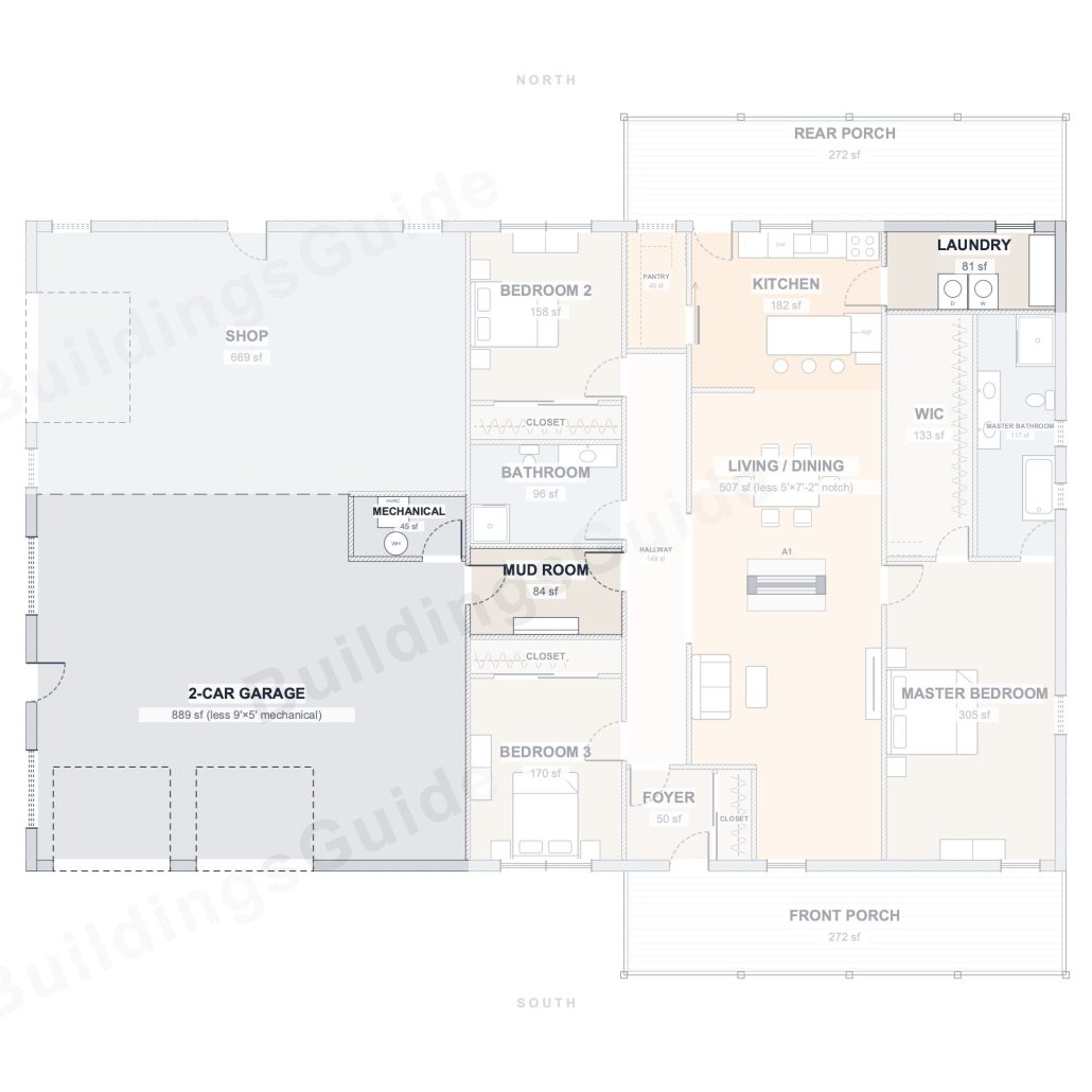 The Hearth 50×80 barndominium floor plan detail: work & service