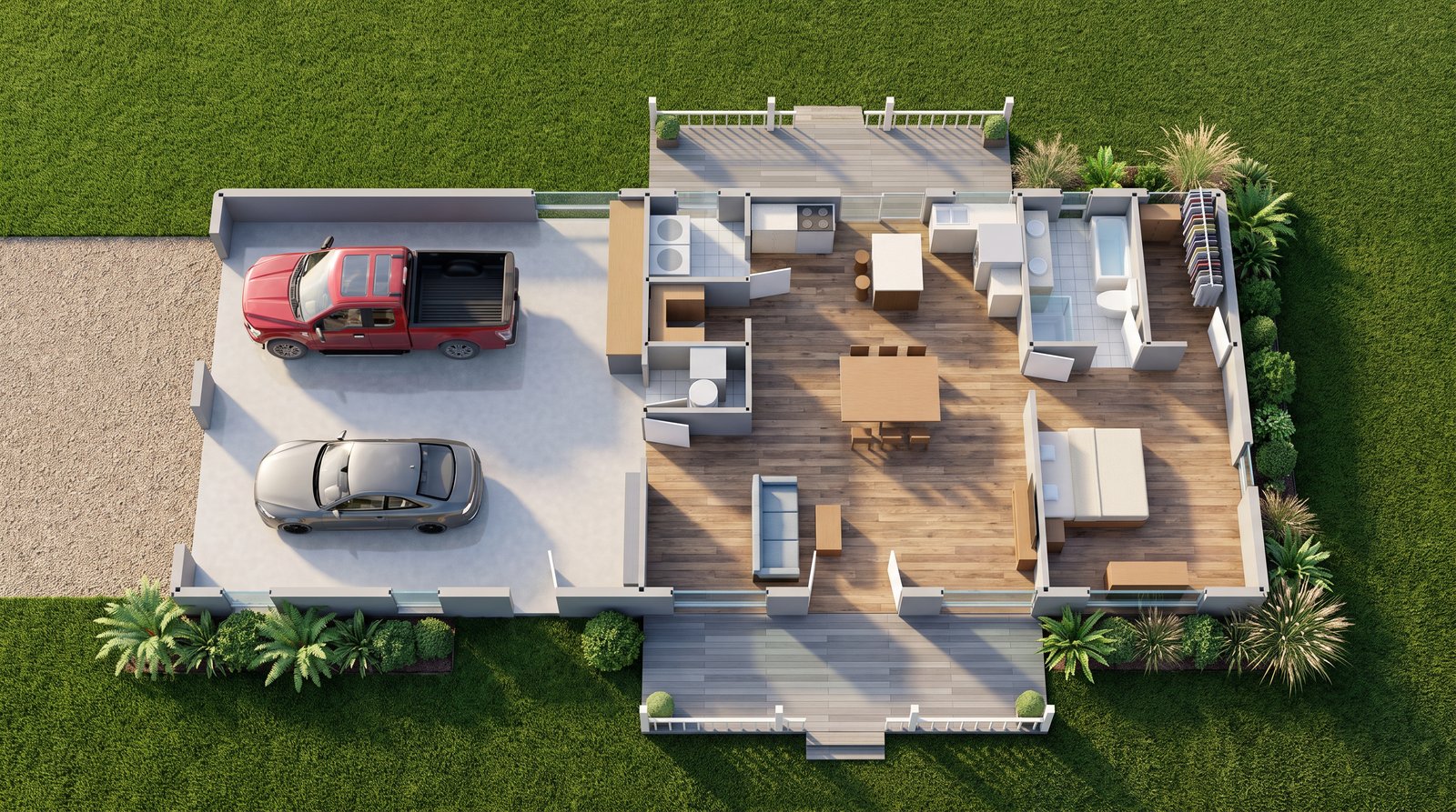 The Hollow 30×70 barndominium 3D dollhouse view of the furnished floor plan