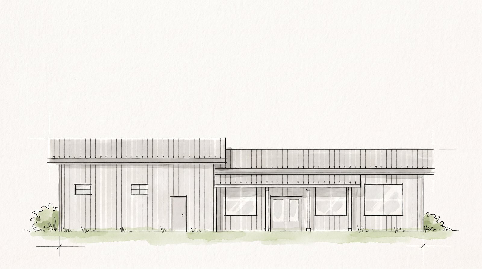 The Hollow 30×70 barndominium hand-drawn front elevation sketch