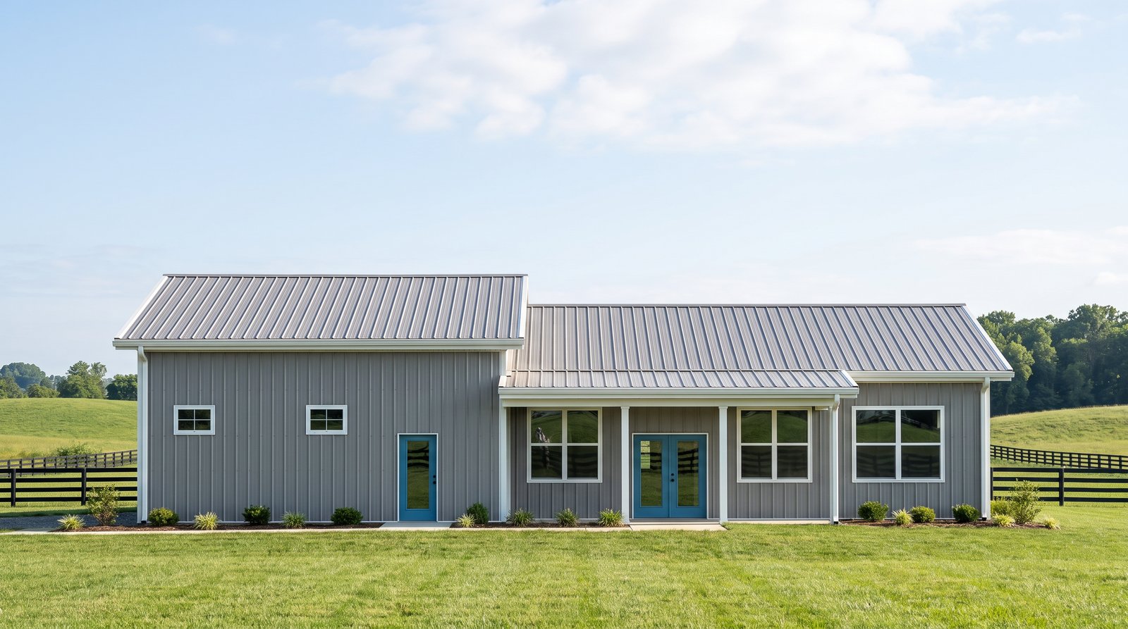 The Hollow 30×70 barndominium front elevation (south on the plan), photoreal render: 3:12 gable, the 26 foot front porch