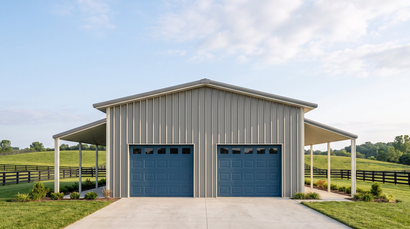 The Hollow 30×70 barndominium left gable-end elevation (west on the plan): the 2-car garage and shop end, two overhead doors, the front and rear porch roofs at either side