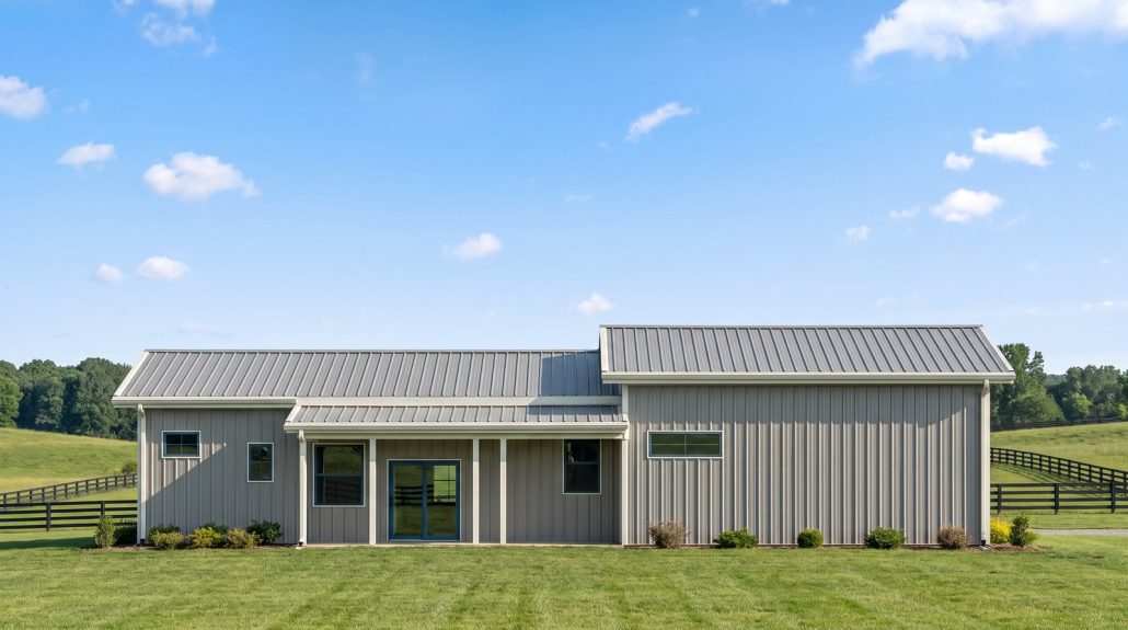 The Hollow 30×70 barndominium rear elevation (north on the plan) with the 26 foot covered porch off the kitchen