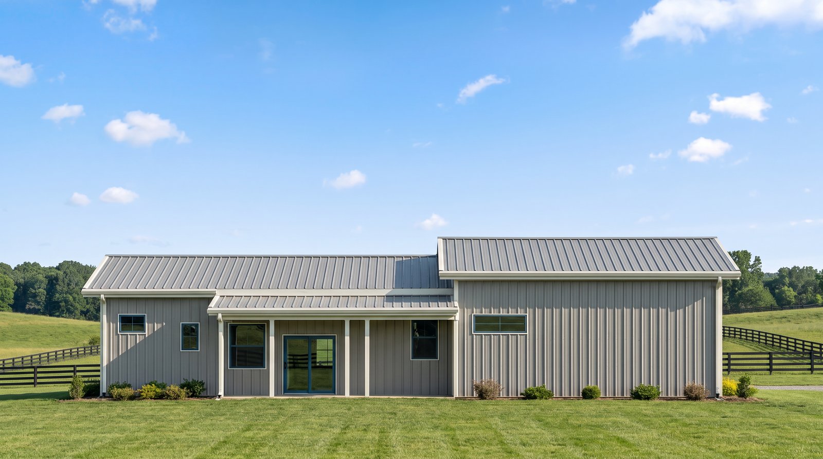 The Hollow 30×70 barndominium rear elevation (north on the plan) with the 26 foot covered porch off the kitchen