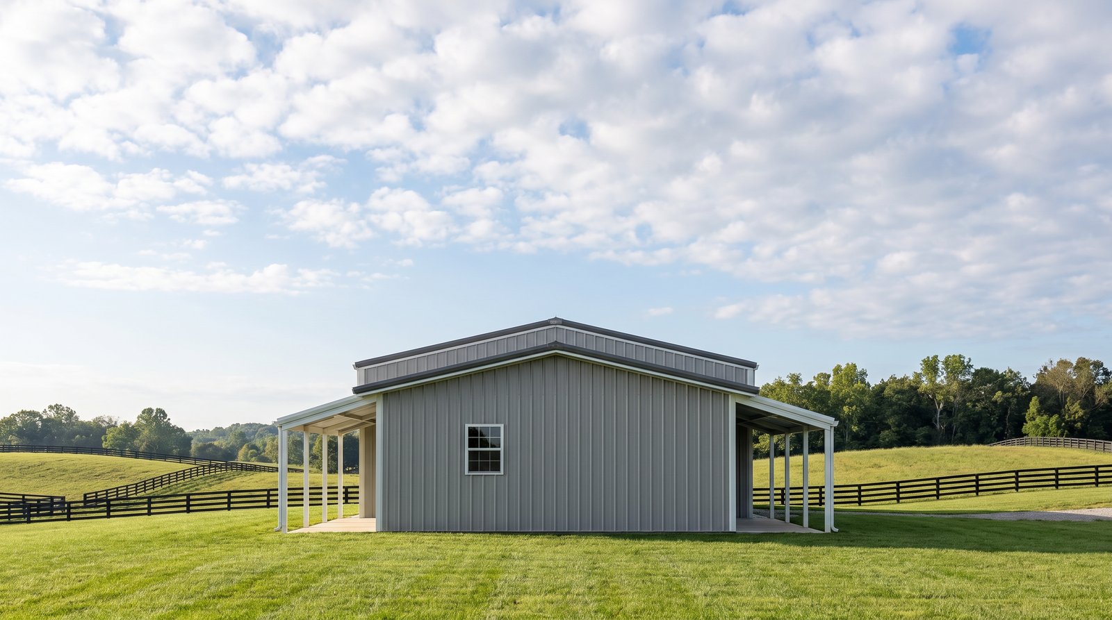 The Hollow 30×70 barndominium right gable-end elevation (east on the plan): the master bedroom end, the front and rear porch roofs at either side
