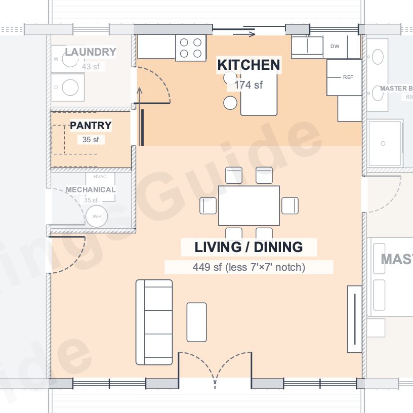 The Hollow 30×70 barndominium floor plan detail: the heart of the home