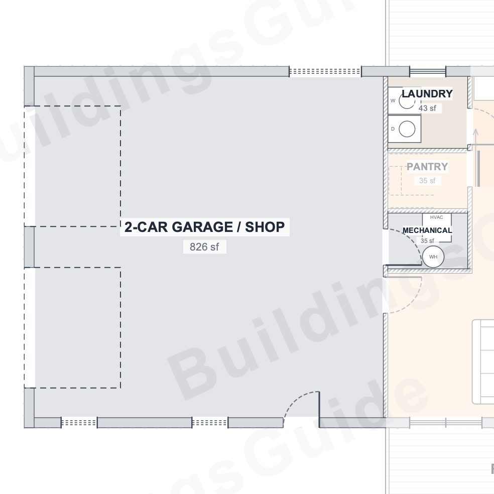 The Hollow 30×70 barndominium floor plan detail: work & service